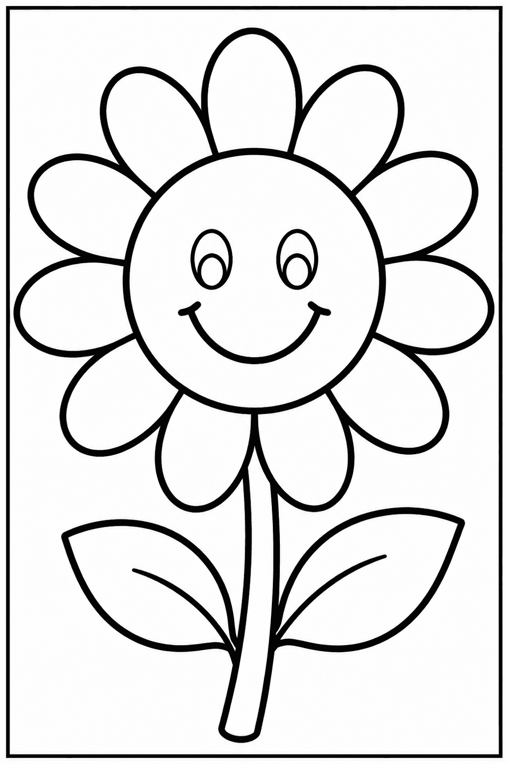 Easy sunflower coloring page with a big cheerful sunflower.