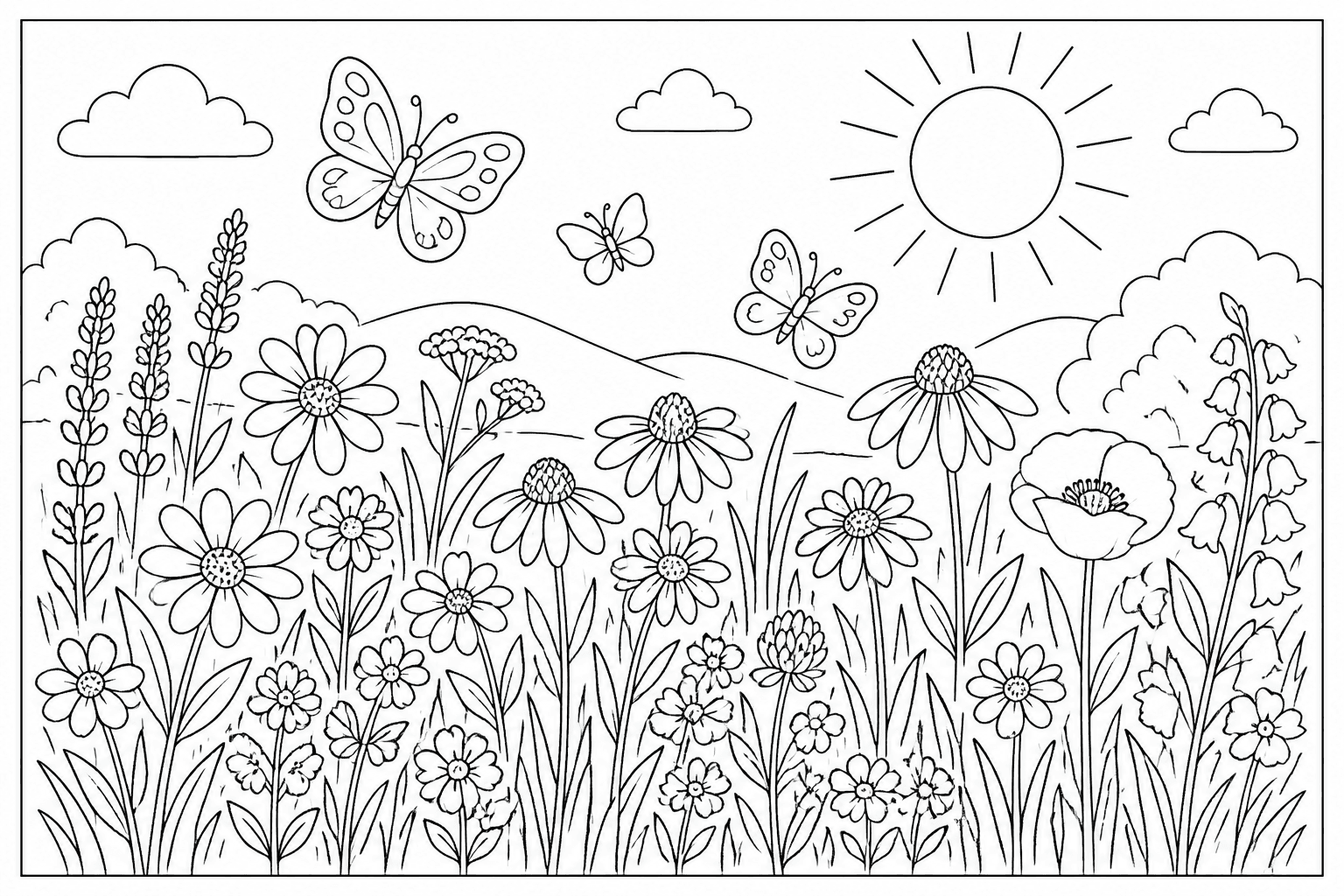 Wildflower Meadow coloring page featuring a meadow of wildflowers, butterflies, grass, and a sunny sky.