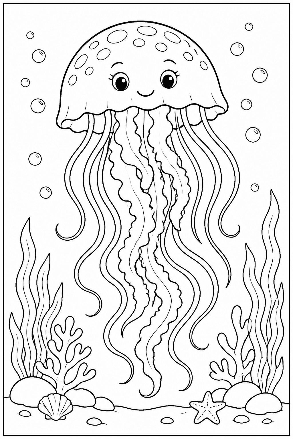 Jellyfish coloring page with flowing tentacles and bubbles.