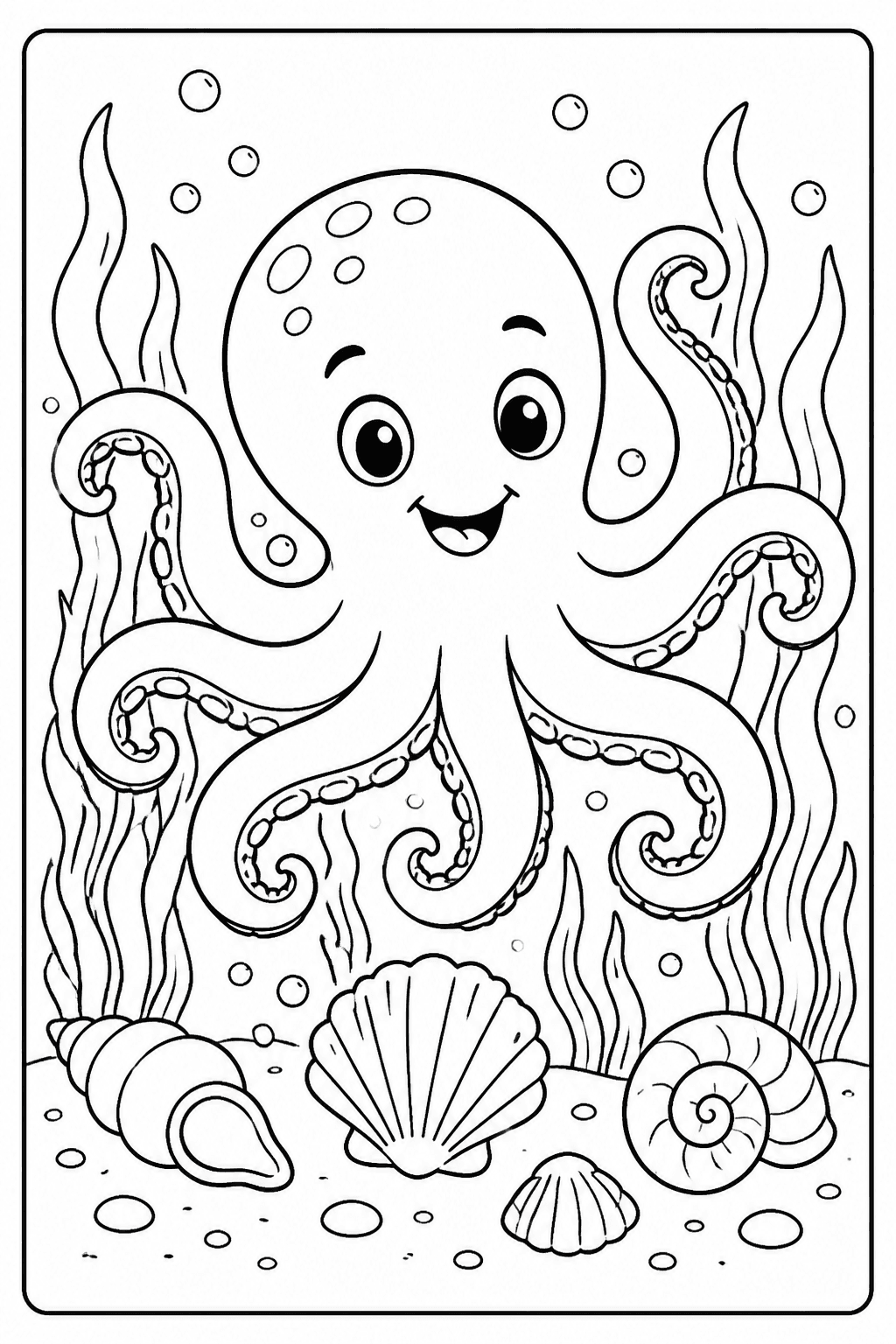 Octopus coloring page with a friendly octopus, seashells, and seaweed.