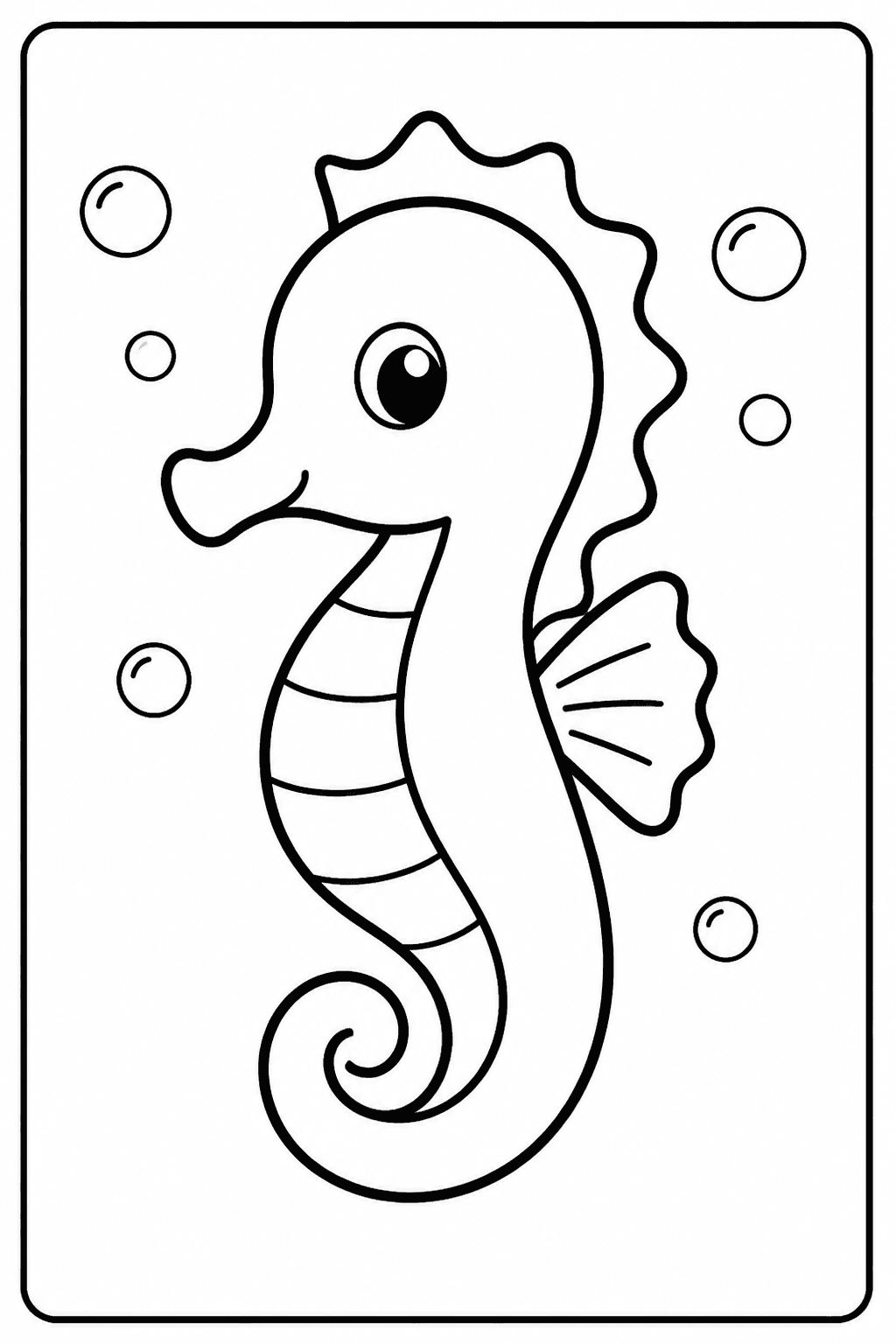 Easy seahorse coloring page with a cute seahorse and bubbles.