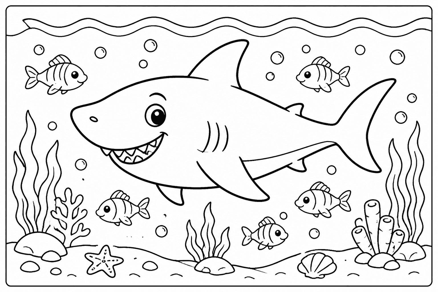 Shark coloring page featuring a friendly shark swimming with bubbles, fish, and ocean waves.