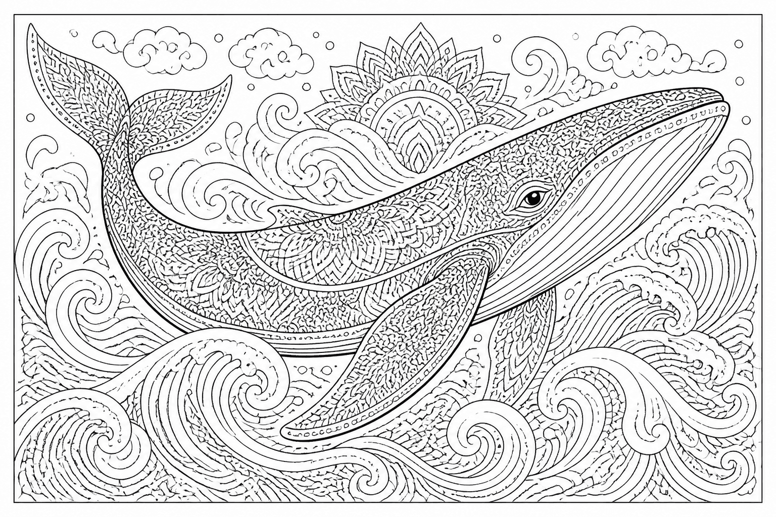 Detailed whale coloring page with intricate decorative patterns and waves.
