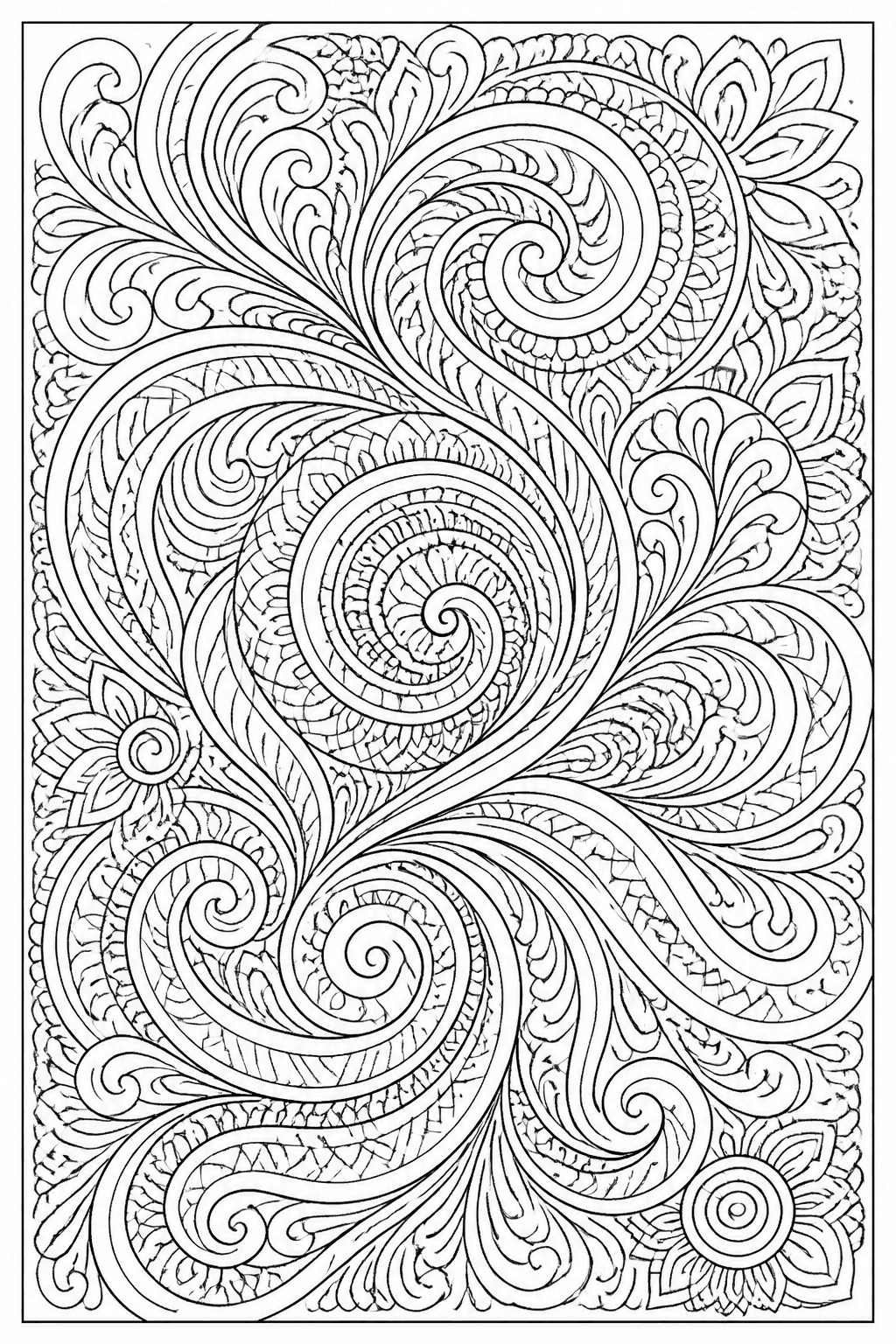 Abstract Swirl Pattern coloring page featuring an abstract swirl pattern with loops, waves, and flowing sections.