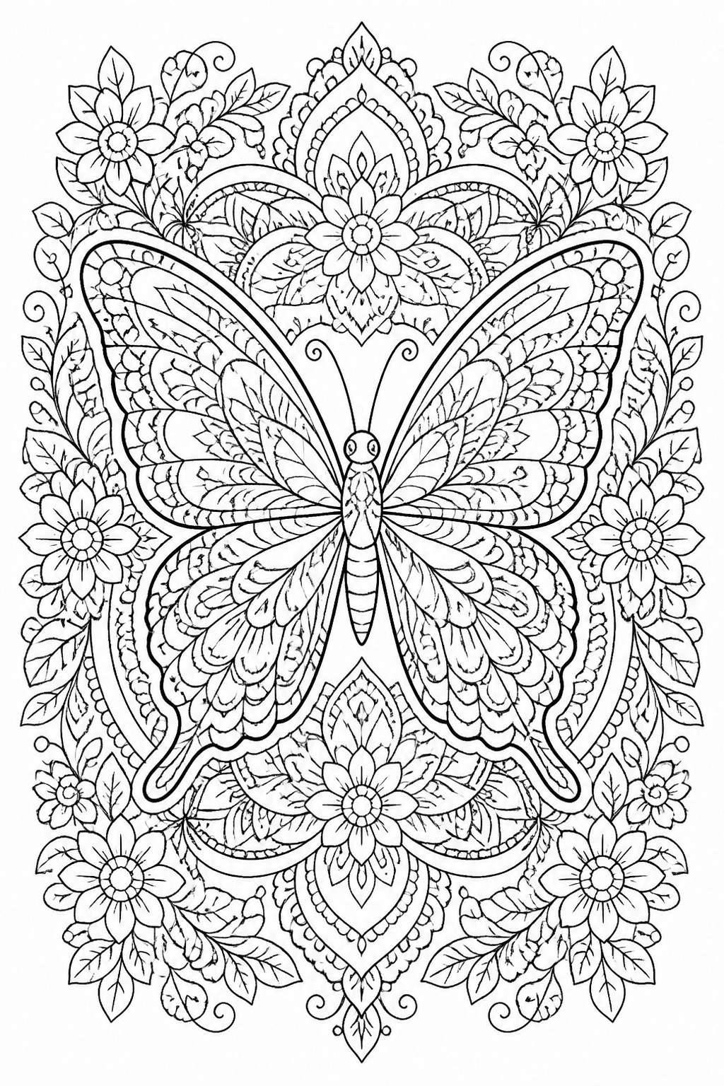 Butterfly Mandala coloring page featuring a symmetrical butterfly mandala with wing patterns and small flowers.