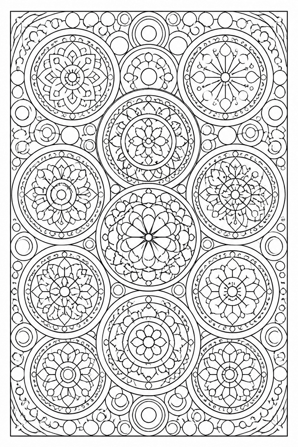 Circle Pattern coloring page featuring a repeating circle pattern with bubbles, rings, and simple ornaments.