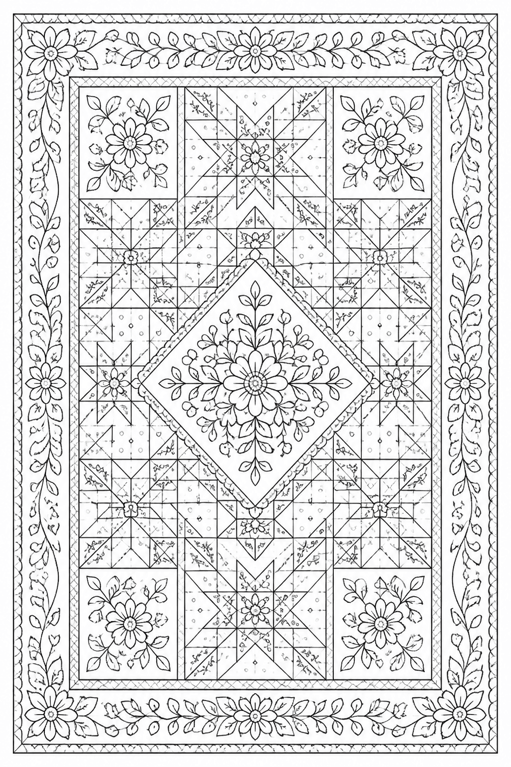 Cozy Quilt Pattern coloring page featuring a cozy quilt pattern with patchwork shapes, flowers, and borders.