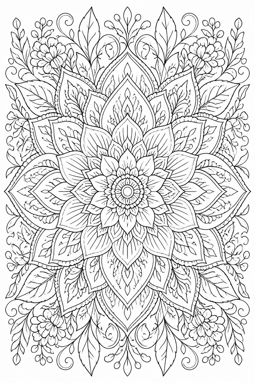 Flower Mandala coloring page featuring an intricate flower mandala with layered petals and leafy details.