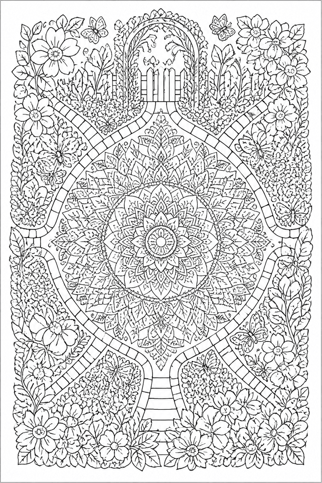 Garden Mandala coloring page featuring a garden mandala with flowers, leaves, tiny butterflies, and paths.