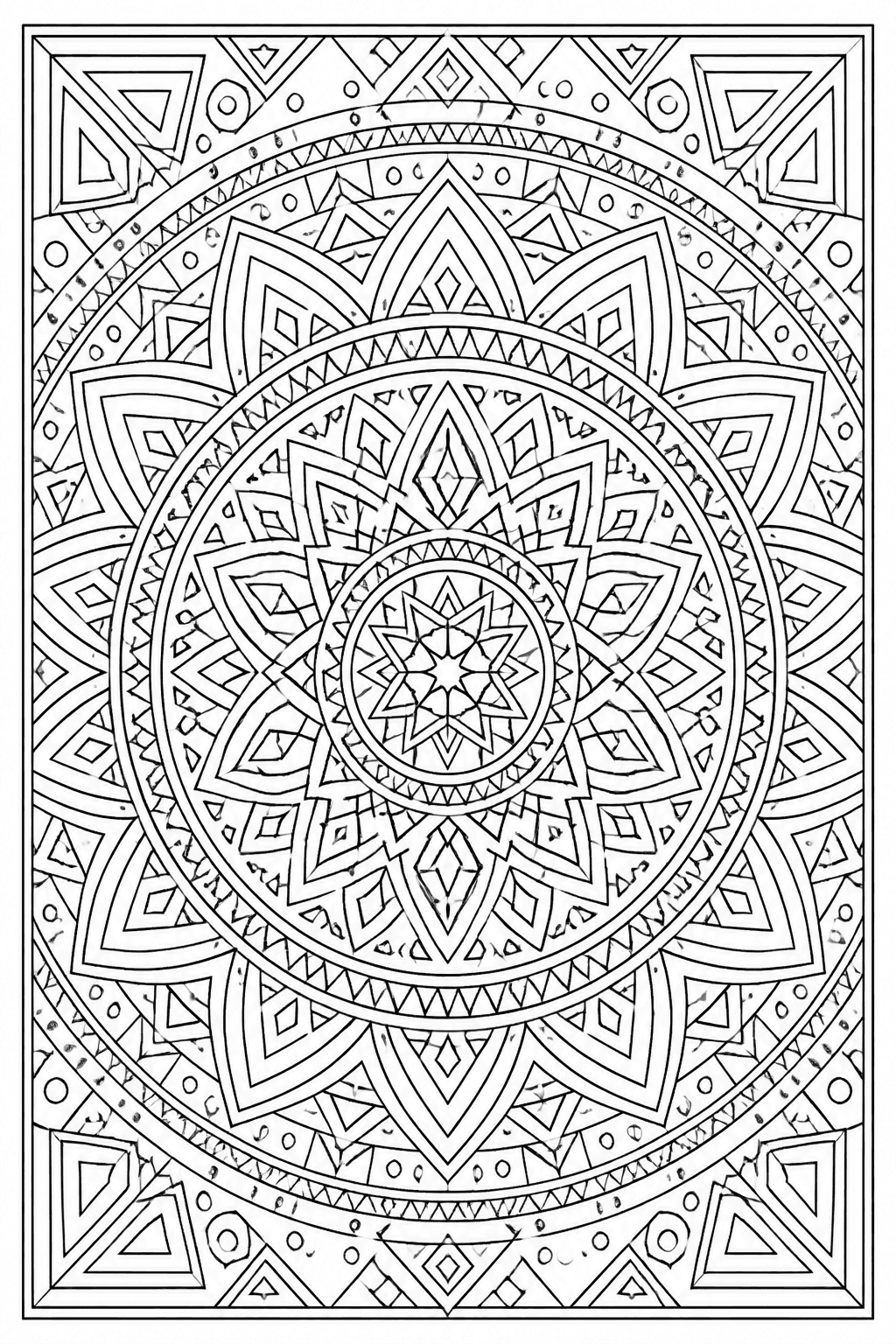 Geometric Mandala coloring page featuring a crisp geometric mandala with triangles, diamonds, and repeating rings.