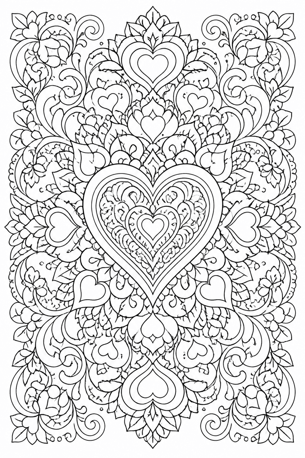 Heart Mandala coloring page featuring a relaxing heart mandala made from hearts, curls, and floral shapes.