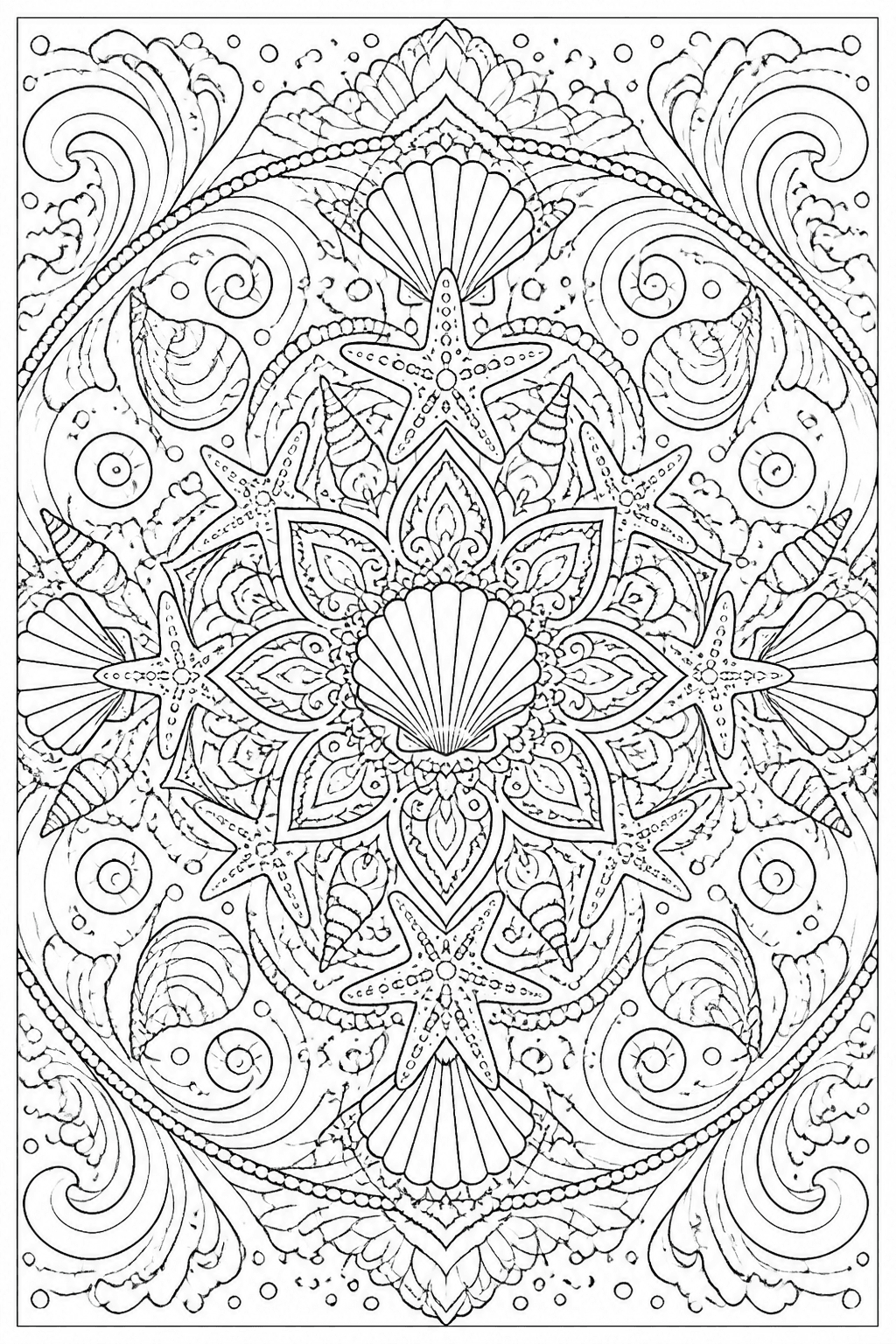 Ocean Mandala coloring page featuring a sea-inspired mandala with waves, shells, bubbles, and starfish.