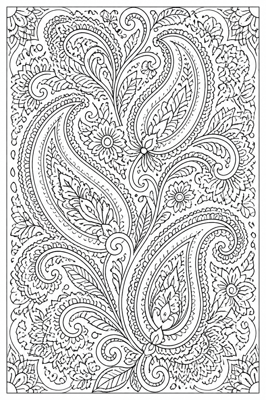 Paisley Pattern coloring page featuring a decorative paisley pattern with teardrops, curls, and floral accents.