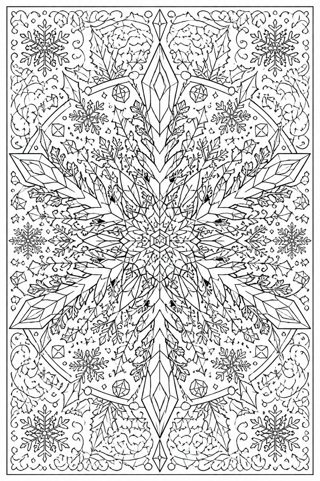 Snowflake Mandala coloring page featuring a crisp snowflake mandala with icy points and repeating winter details.