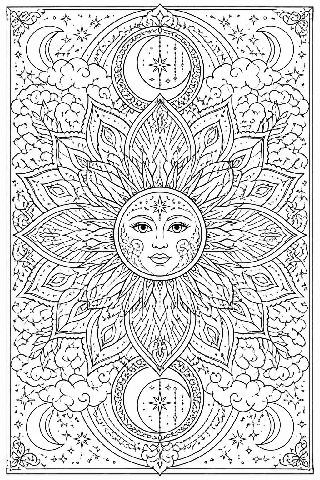 Sun and Moon Mandala coloring page featuring a celestial mandala with sun rays, moon shapes, clouds, and stars.