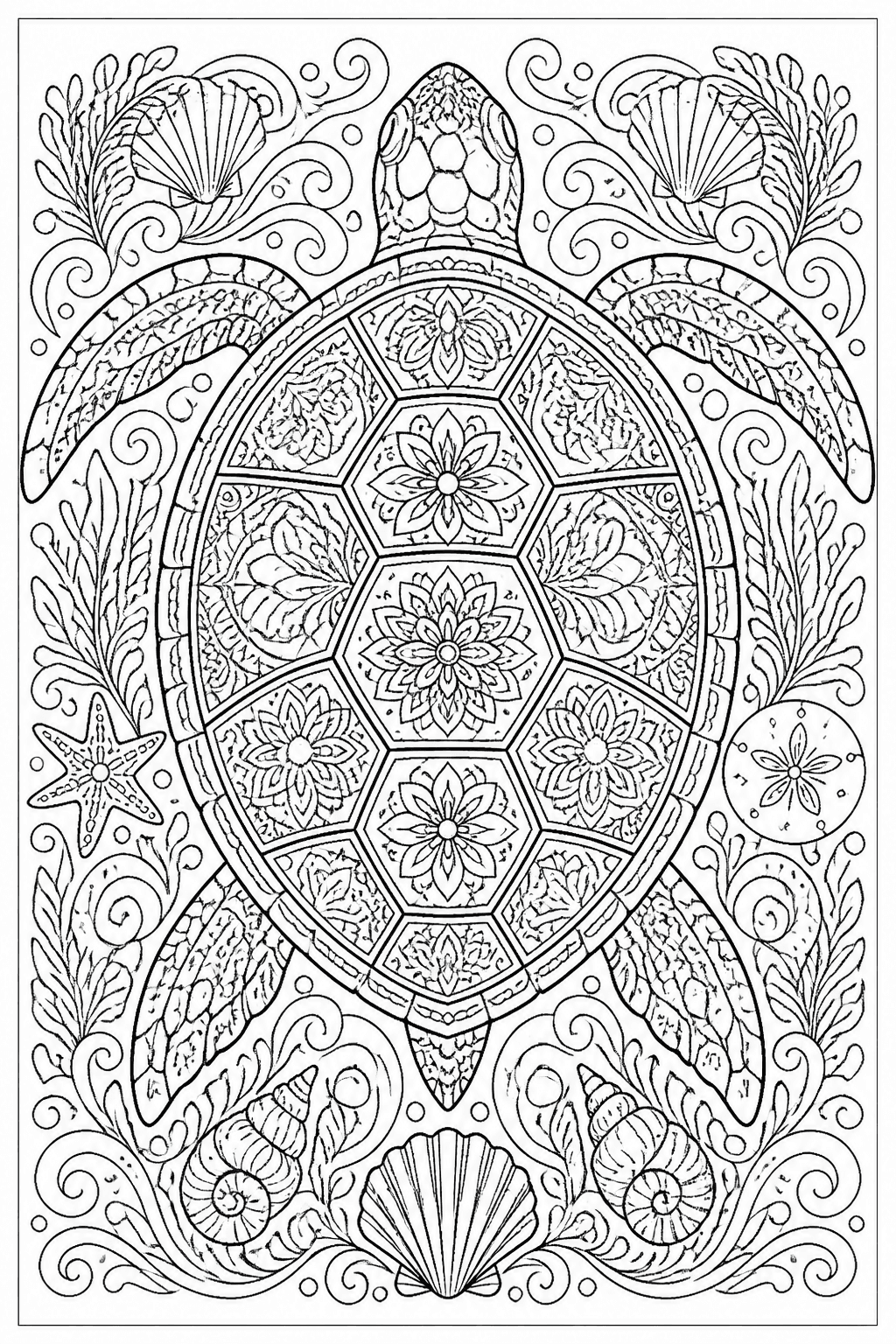 Turtle Shell Pattern coloring page featuring a turtle-shell-inspired pattern with natural plates and ocean details.