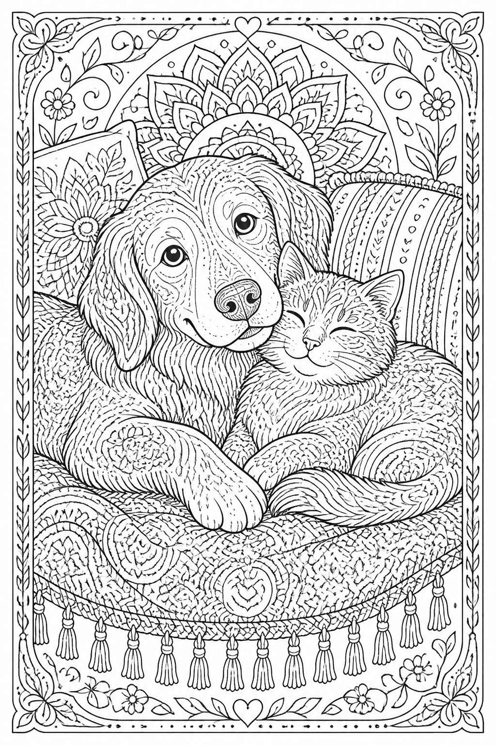 Detailed cat and dog friends coloring page in a cozy room.
