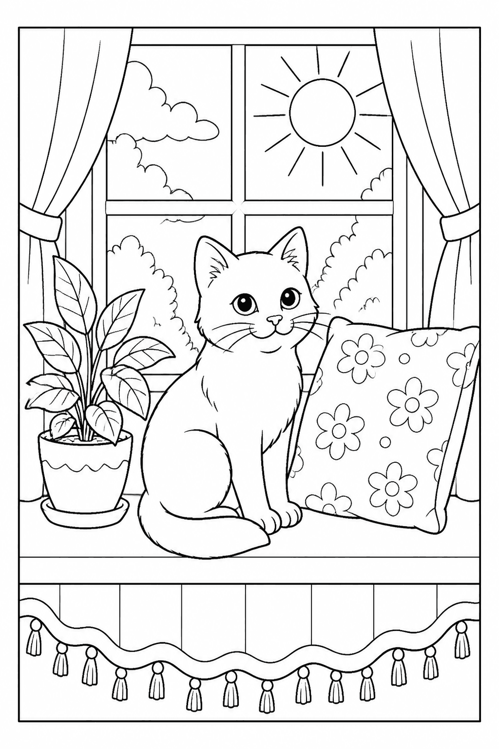 Cat by the Window coloring page featuring a cat sitting by a sunny window with a plant and pillow.