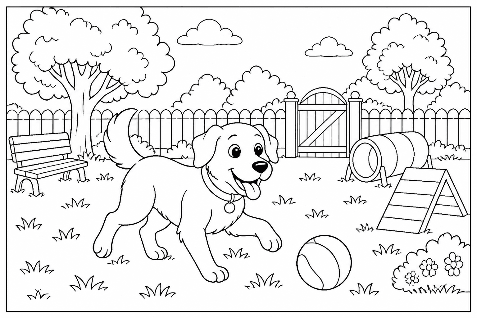 Dog Park coloring page featuring a generic dog park with a happy dog, ball, fence, and trees.