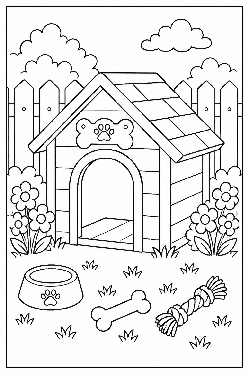 Doghouse coloring page with a cozy doghouse, bowl, bone, toys, and flowers.