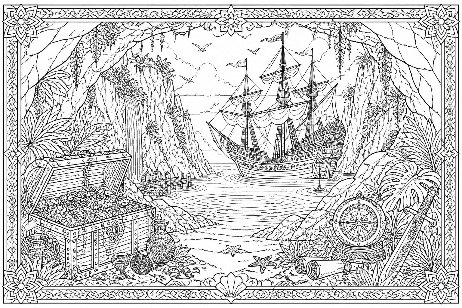 Detailed pirate cove coloring page with a ship, cliffs, and treasure.