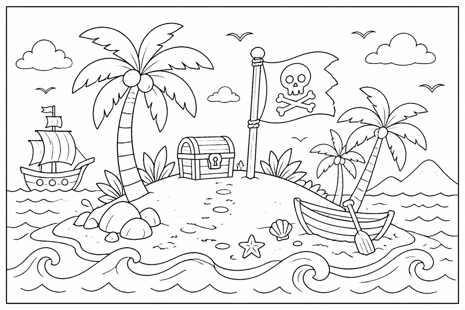 Pirate island coloring page with palm trees, waves, and a pirate flag.