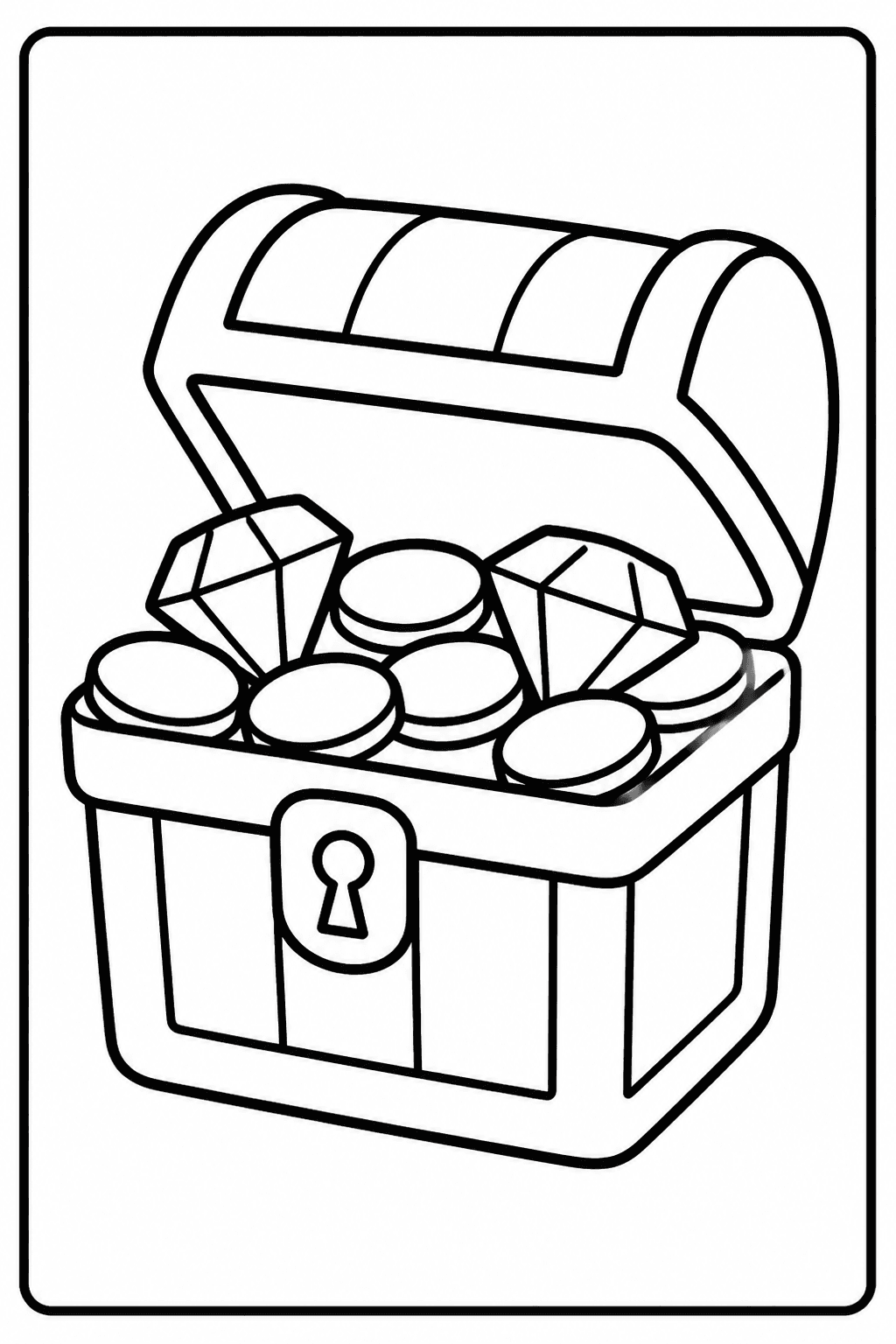 Easy treasure chest coloring page with coins and gems.