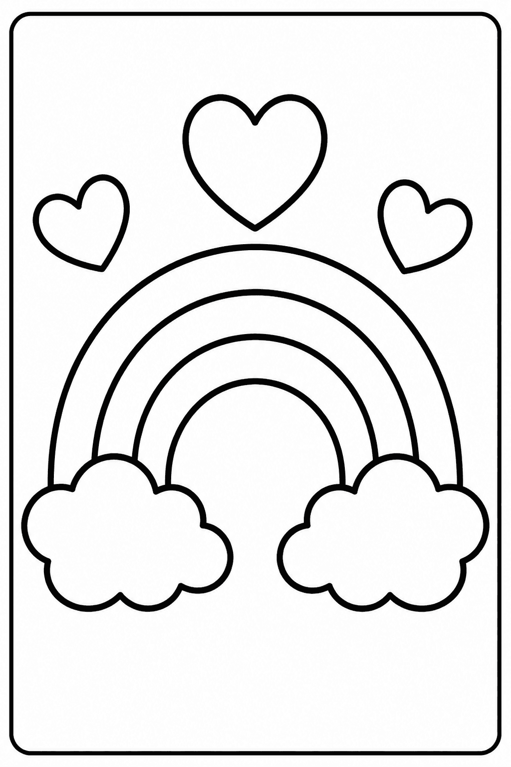 Easy rainbow hearts coloring page with a rainbow, clouds, and hearts.