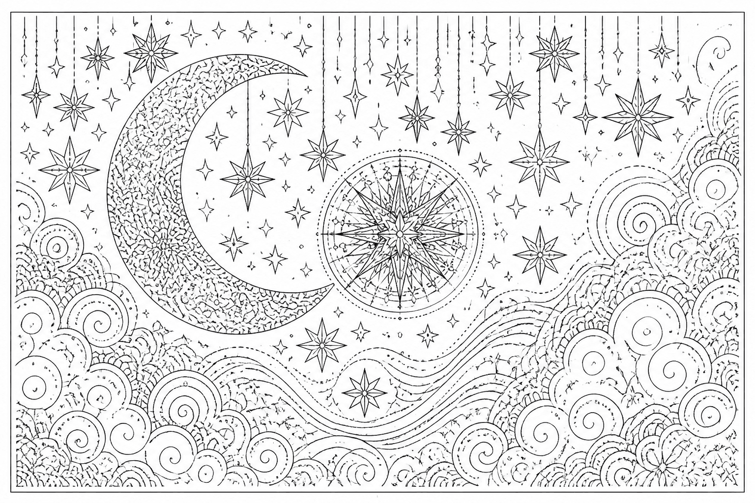 Detailed starry sky coloring page with clouds, stars, and patterns.