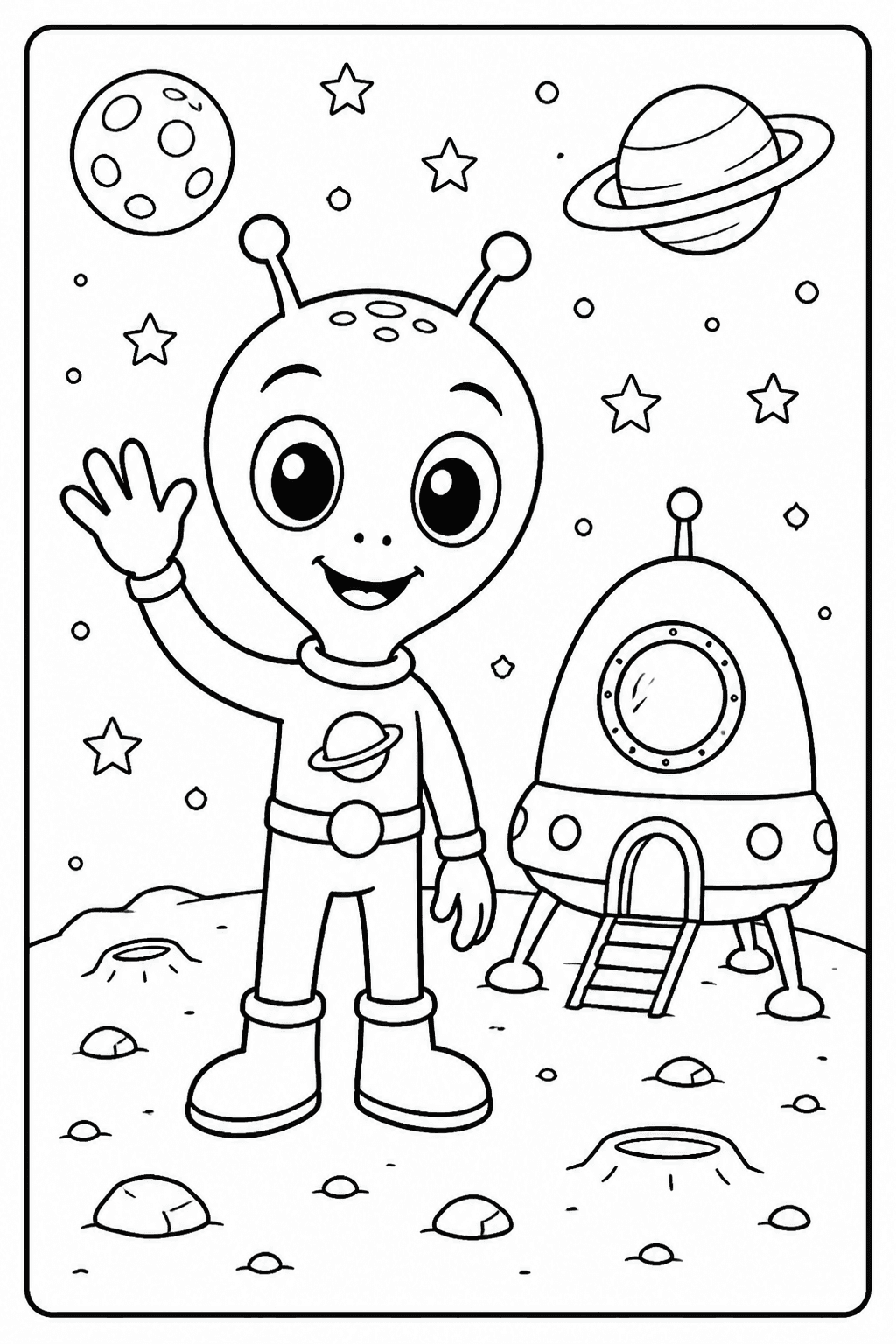 Alien coloring page with a friendly alien waving near a spaceship.