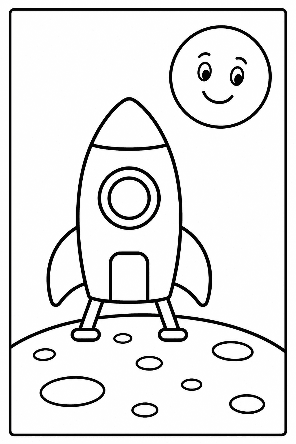 Easy moon rocket coloring page with a rocket and smiling moon.