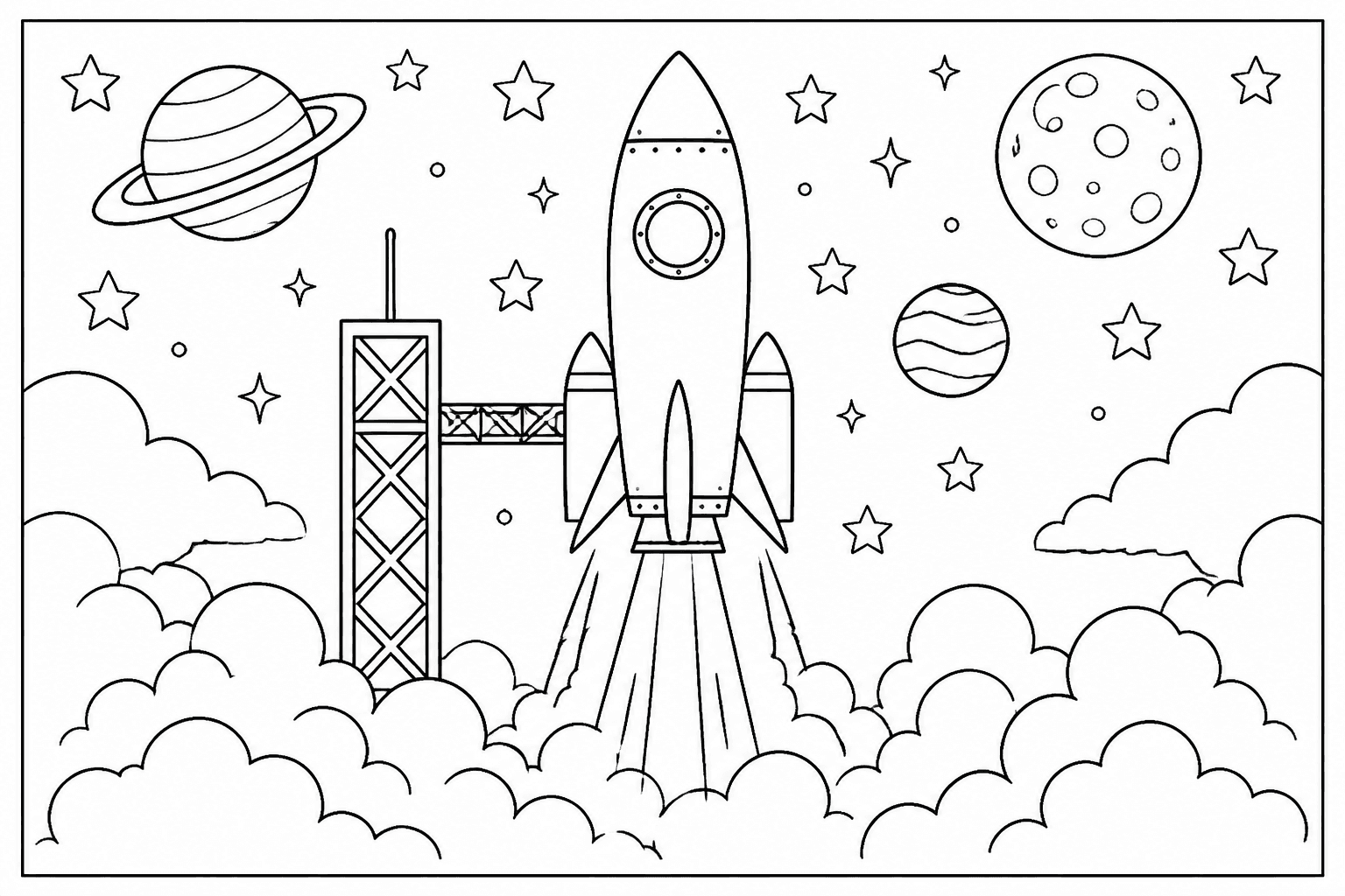 Rocket launch coloring page with a rocket blasting off through clouds and stars.