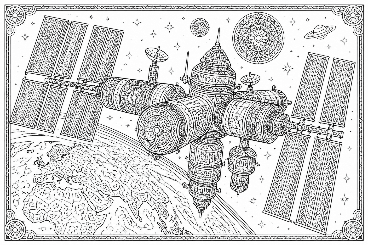 Detailed space station coloring page orbiting above Earth.