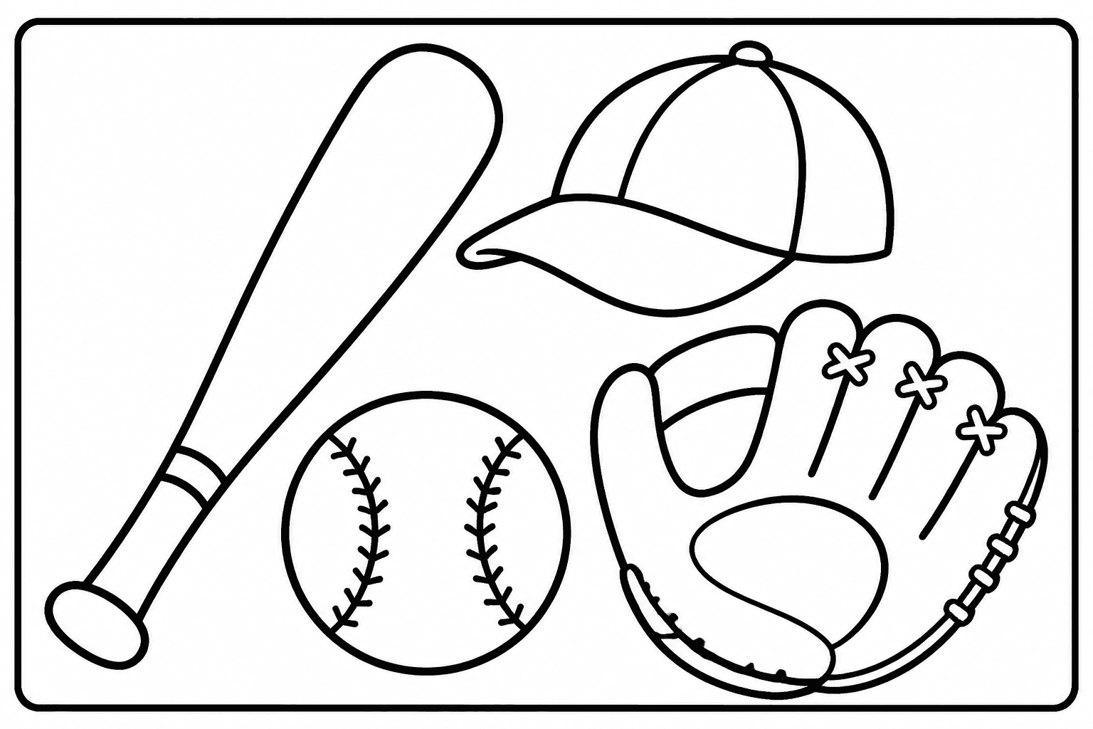 Baseball Bat and Ball coloring page featuring a simple baseball bat, ball, cap, and glove.