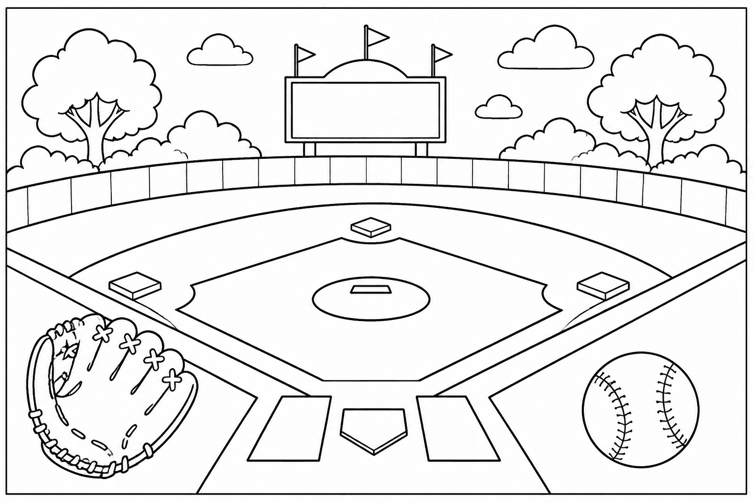 Baseball Field coloring page featuring a baseball diamond with bases, glove, ball, and scoreboard shapes.