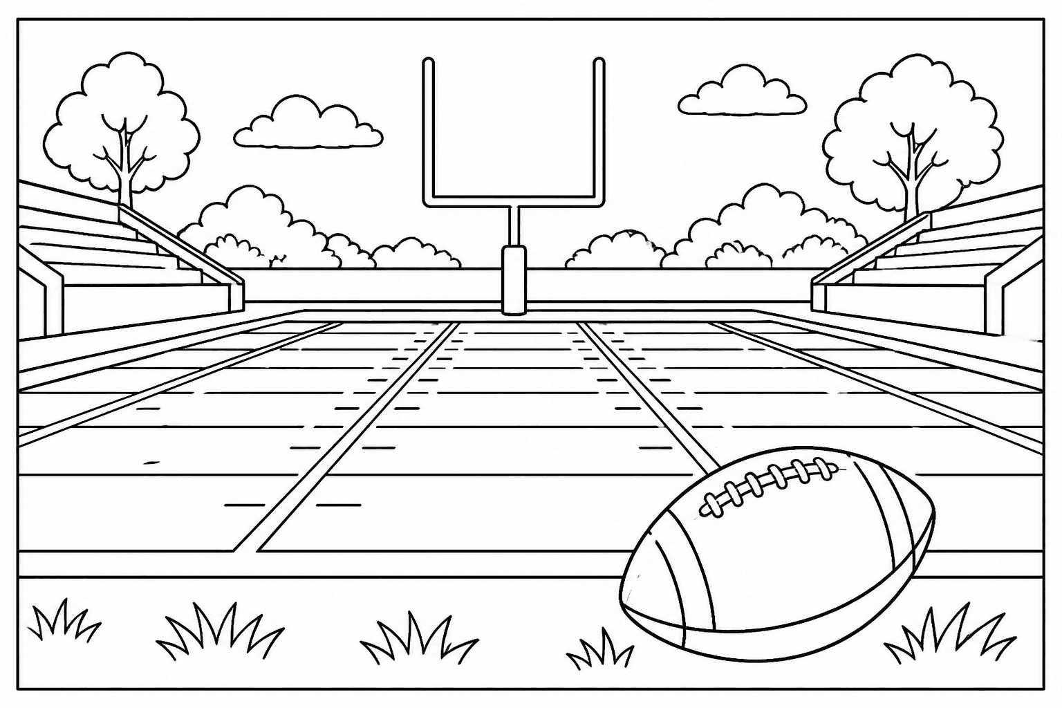 Football Game coloring page featuring a generic football field scene with a ball, goal posts, and yard lines.