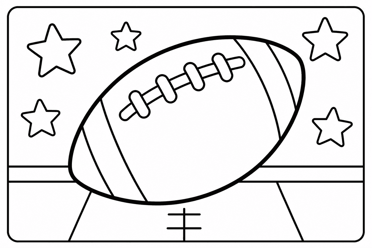 Football coloring page featuring a large football with laces, stars, and simple field lines.