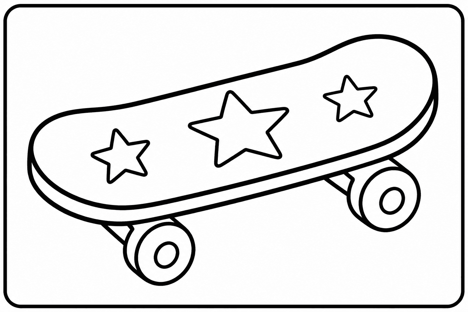 Skateboard coloring page featuring a simple skateboard with wheels, stars, and bold outlines.