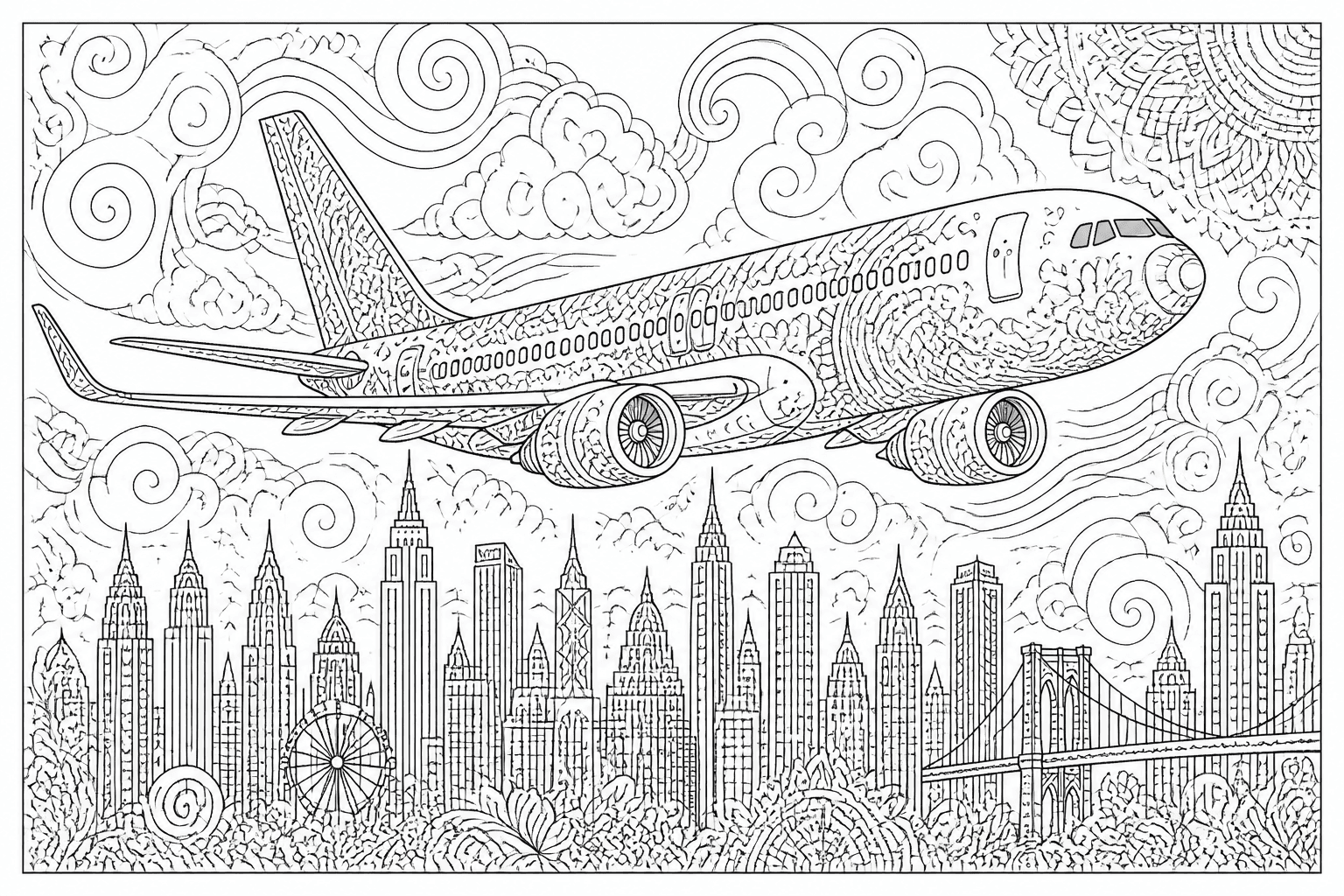 Detailed airplane coloring page with an intricate plane flying over a city and clouds.