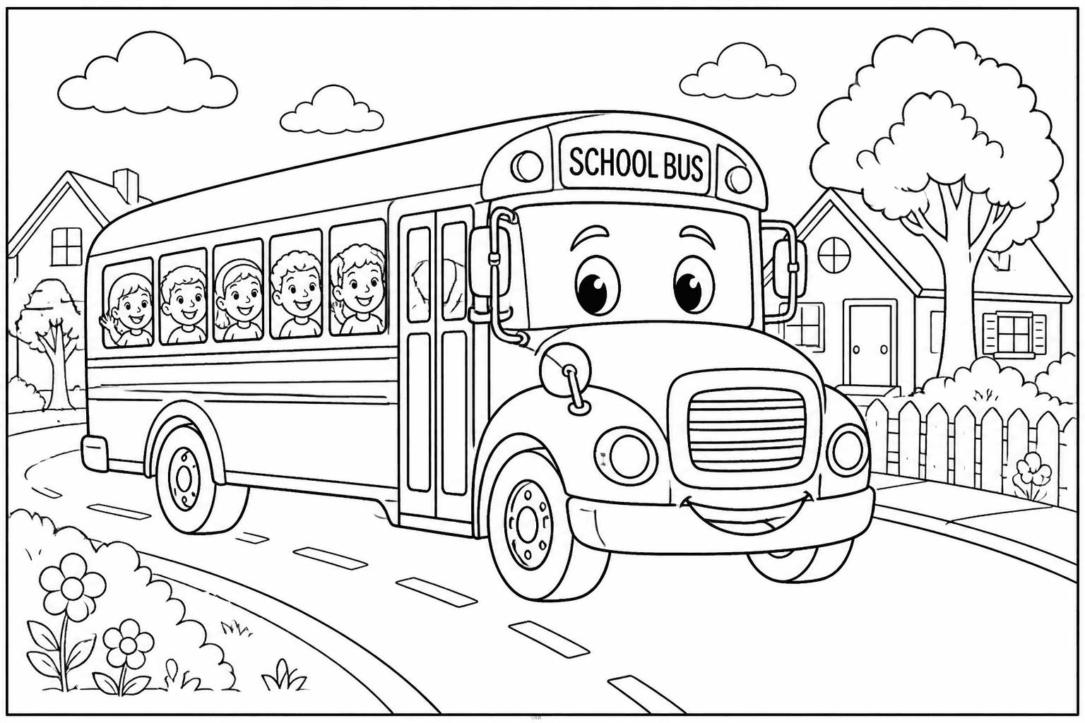 School bus coloring page with a cheerful bus on a neighborhood road.