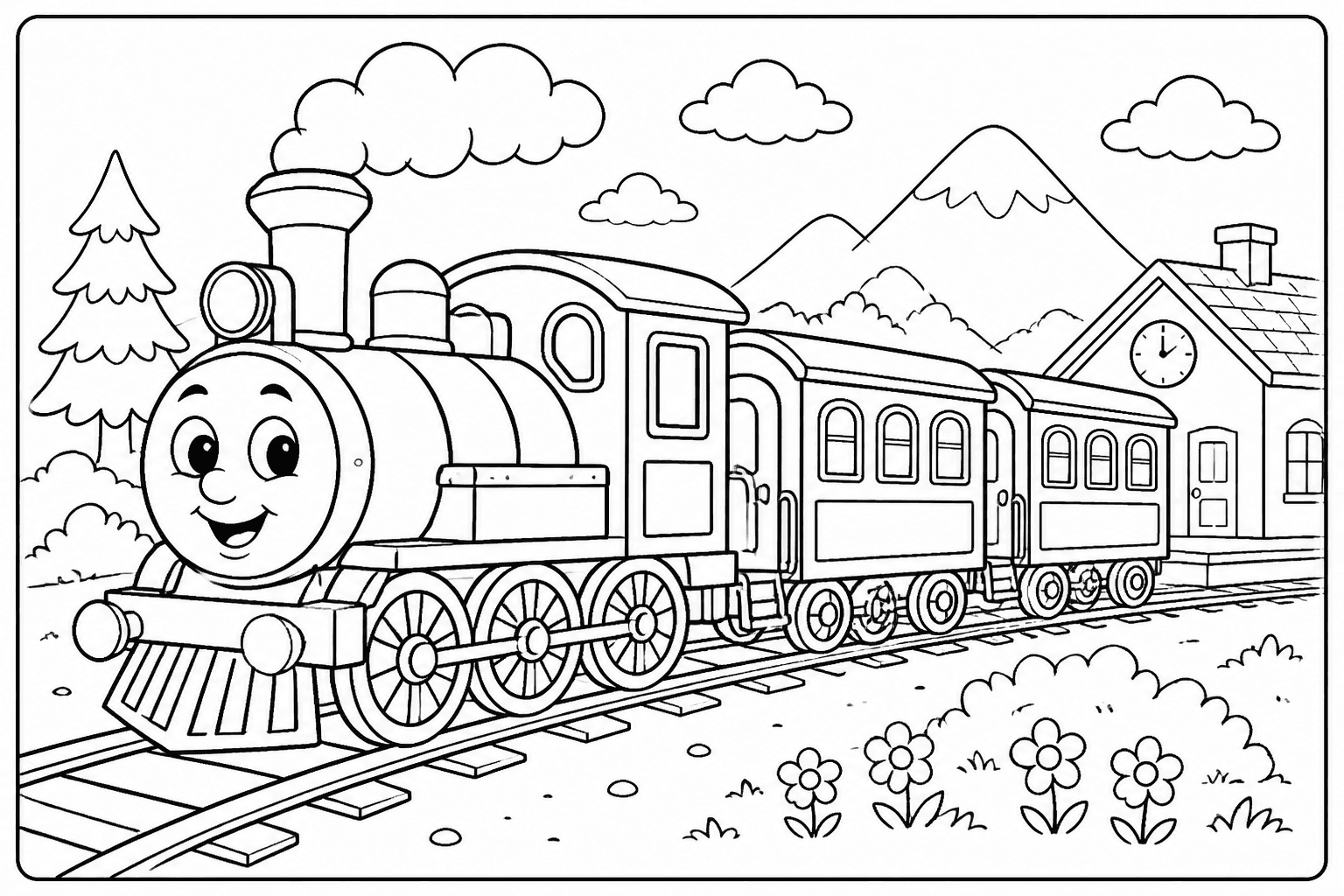 Train coloring page with a friendly steam train and carriages on tracks.