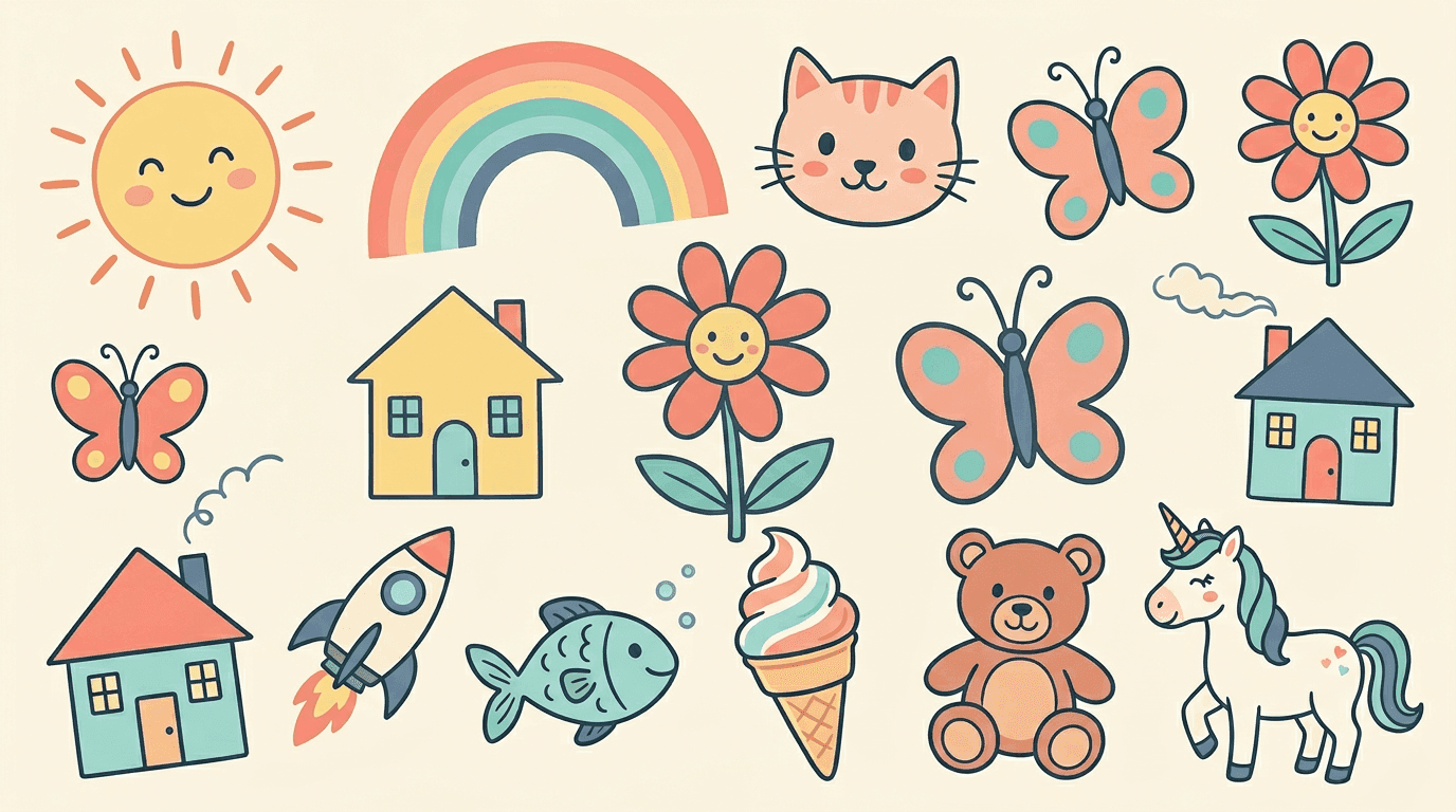 Colorful kid-friendly collage of simple drawings including a sun, rainbow, cat, flower, house, and rocket.