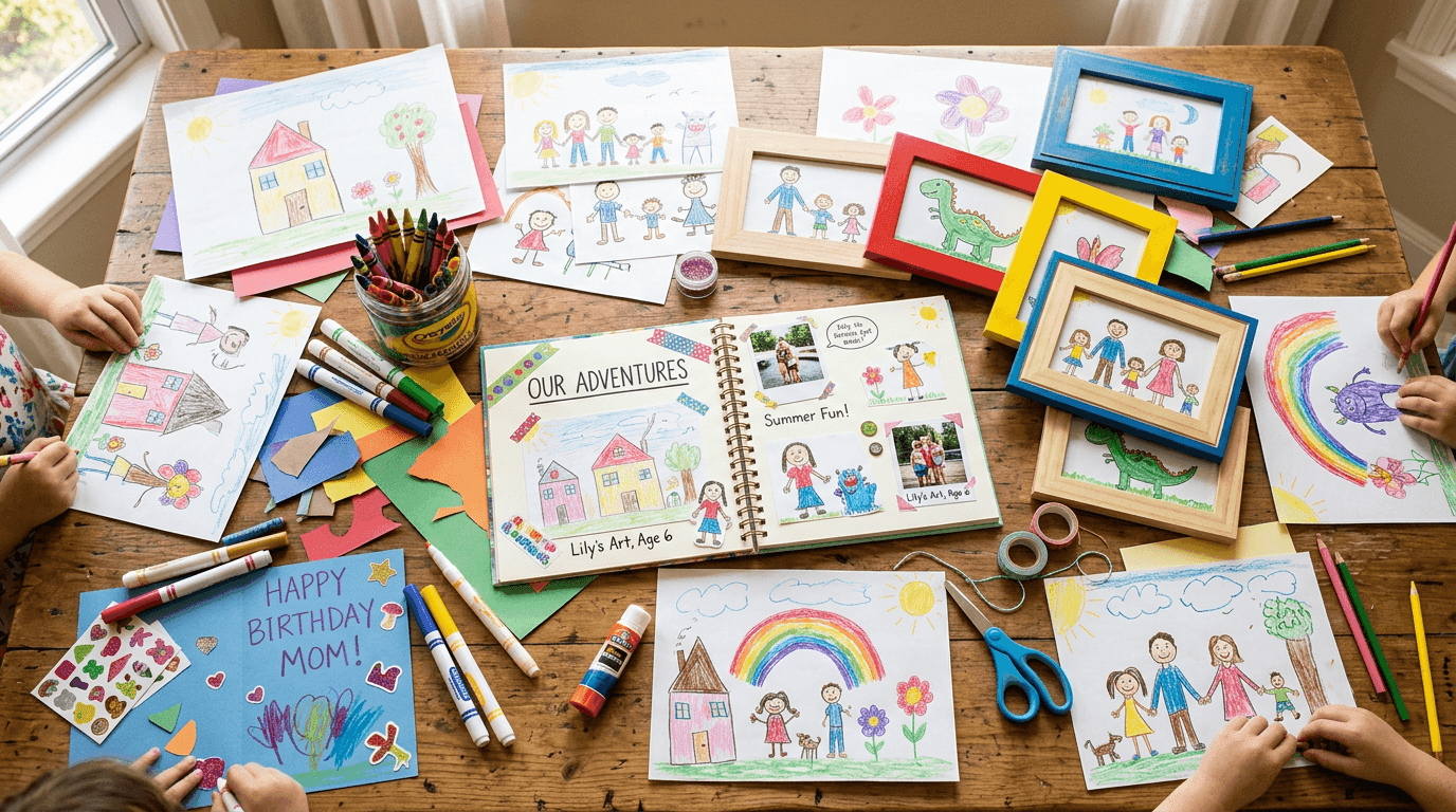 Warm pastel illustration showing children's drawings being displayed, saved in a memory box, scanned on a phone, and turned into a keepsake book.