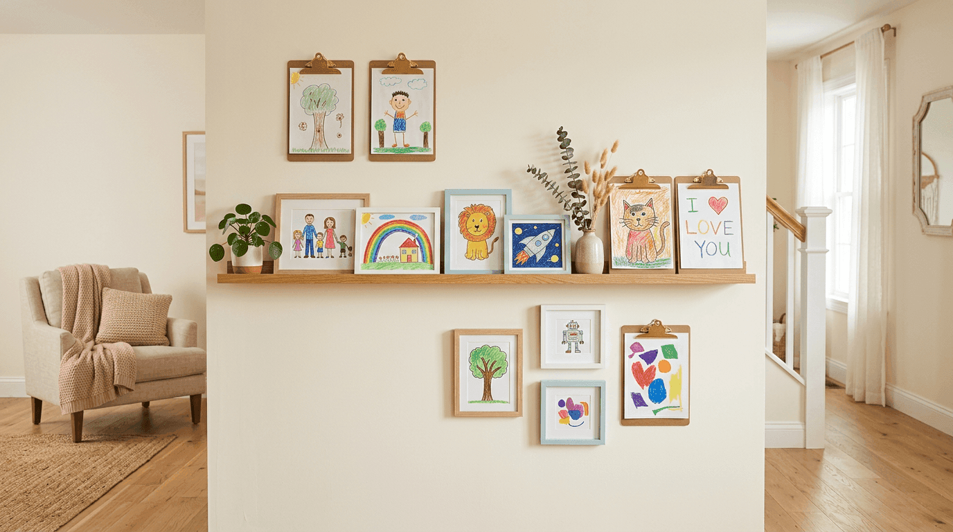 Photorealistic family hallway with children's drawings displayed in frames, clipboards, and on a picture ledge.
